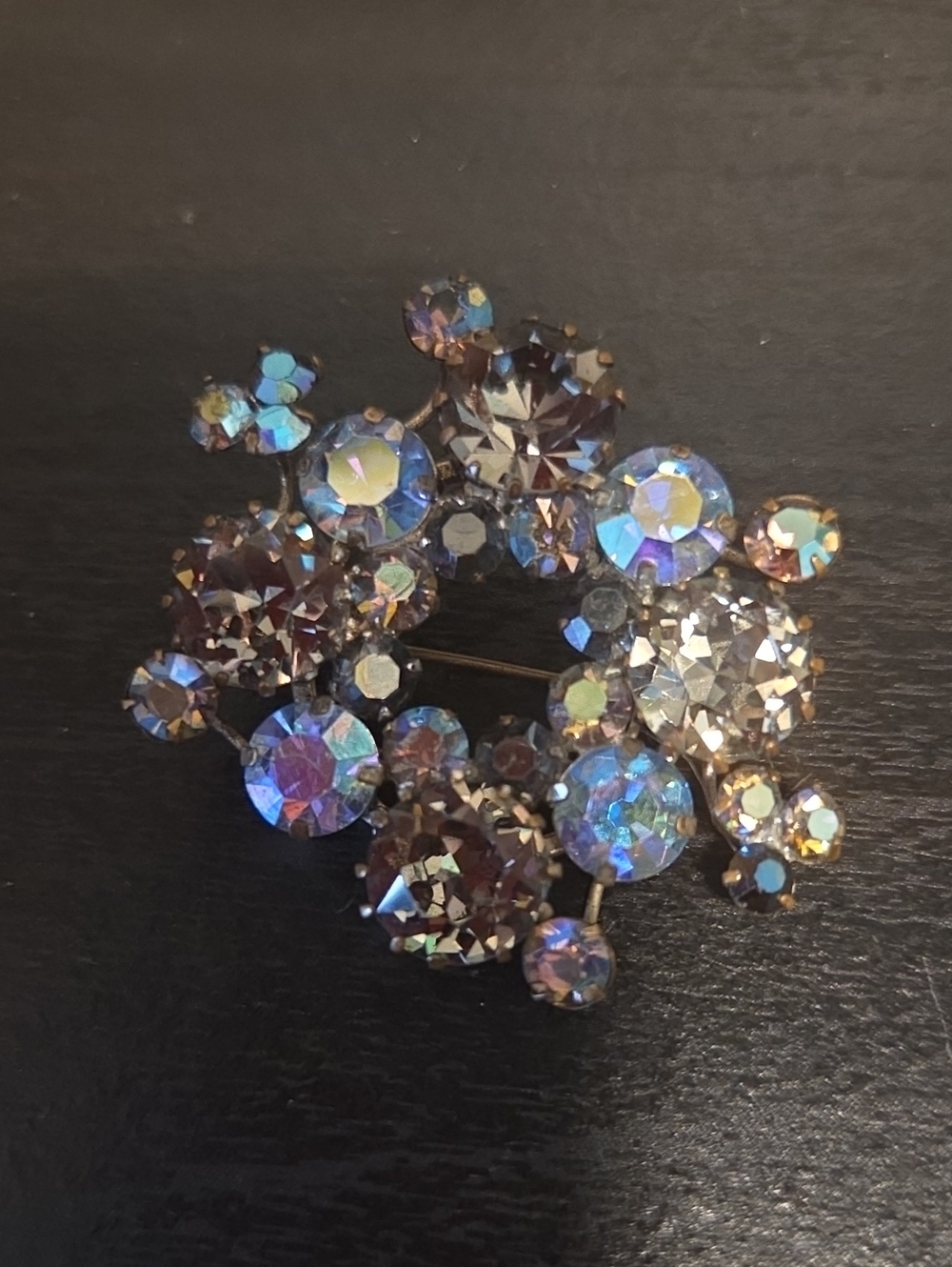 Crystal Cluster Brooch - AB, Clear And Grey Rhinestones, Unsigned triad